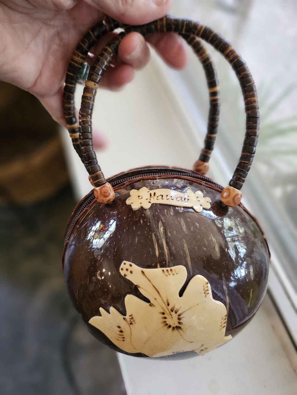Vintage Real Coconut Box Purse, Beaded Handles, Maui Hawaii Dolphins Hibiscus